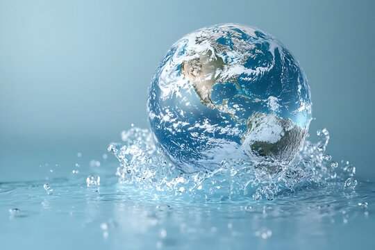Planet Earth in the form of a globe in transparent water with splashes.