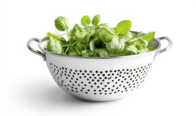 Fresh spinach leaves in a colander on white for healthy recipes