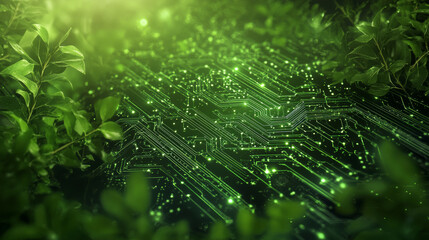 Emerging technology and nature fusion forest setting digital art lush environment close-up view eco-innovation concept