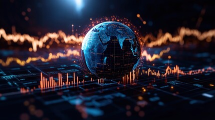 Globe on computer screen with digital representation of earth in high fidelity quality