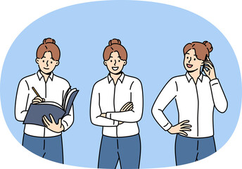 Fototapeta premium Businesslady is talking on phone, arranging partner meeting and making entry in journal. Woman in image of successful businesslady standing with arms crossed and confidently looking at camera
