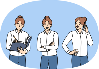 Businesslady is talking on phone, arranging partner meeting and making entry in journal. Woman in image of successful businesslady standing with arms crossed and confidently looking at camera