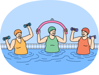 Elderly women working out in pool doing aqua fitness and lifting dumbbells to improve health. Happy pensioners lead active lifestyle and stand in water doing sports in pool after retirement