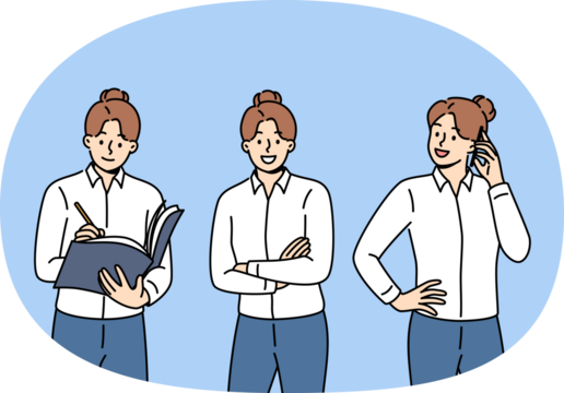 Businesslady is talking on phone, arranging partner meeting and making entry in journal. Woman in image of successful businesslady standing with arms crossed and confidently looking at camera