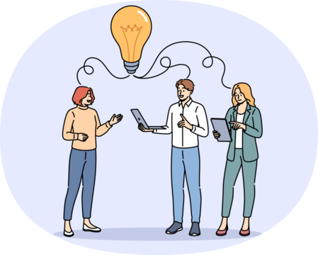 Exchange of ideas and joint brainstorming among business people developing plan, standing under large light bulb. Office workers brainstorming to find way to attract new customers for company