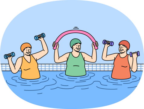 Elderly women working out in pool doing aqua fitness and lifting dumbbells to improve health. Happy pensioners lead active lifestyle and stand in water doing sports in pool after retirement - Powered by Adobe