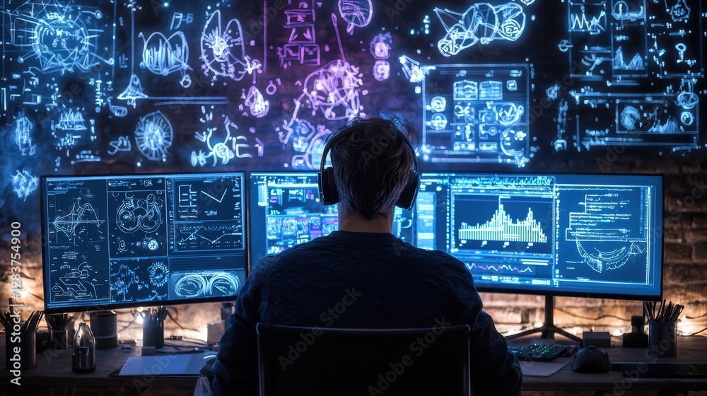Poster data analyst working in a modern office with multiple monitors displaying complex graphs and digital