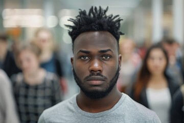 Fototapeta premium Portrait of a serious young man standing in a busy city street, looking towards the camera