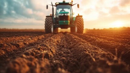 Obraz premium The massive wheels of a tractor leave deep marks in freshly tilled earth, highlighting the importance of machinery in agriculture and the power of modern farming.