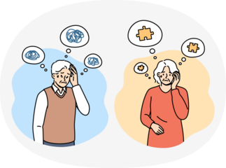 Problem of alzheimer and dementia in older people who experience memory loss or chaos in heads. Old men and women need care due to alzheimer disease caused by age-related diseases.