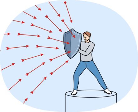 Brave man defends himself from problems using shield to deflect flying arrows from enemies. Brave guy demonstrates self-control when faced with business threats or troubles in personal life. - Powered by Adobe