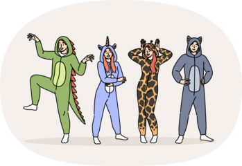 Pajama party for men and women in cute animal costumes for comfortable, restful sleep. Positive guys and girls prepared for masquerade on theme of pajama party, posing smiling in full length
