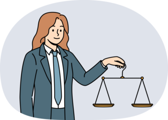 Woman lawyer holds scale in hand, listening to arguments of parties and trying to make fair and legal decision. Girl lawyer defending people at court hearings looks at screen with smile.
