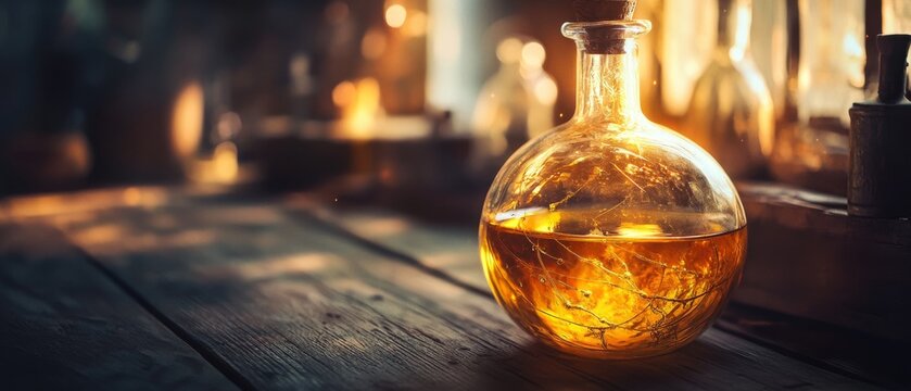 An elegantly crafted glass bottle filled with golden liquid, bathed in warm light on a rustic table, invoking mystery and alchemy.