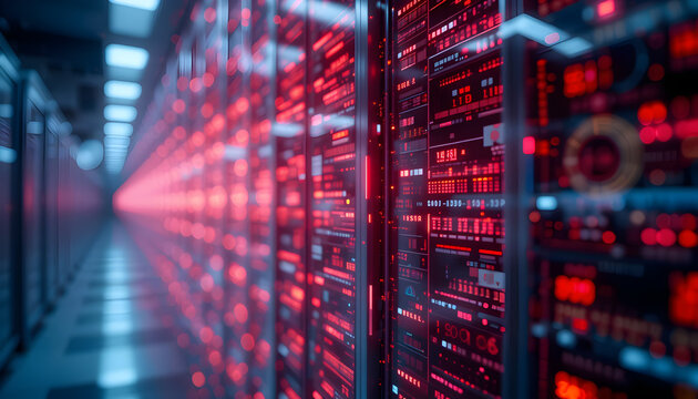 abstract data storage system glowing red lights