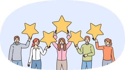 Five-star feedback from people who have used company services and given excellent rating on review site. Happy man and women show good rating for hotel or bar satisfying customers.