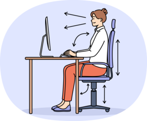 Woman demonstrates correct posture for working with computer, sitting with straight back at table with monitor. Girl follows rules of posture, typing on PC using ergonomic adjustable chair.