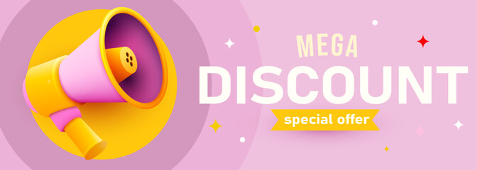 Banner announcing mega discount. Special offer advertisement. Promotion poster template with limited time super sale. Vector illustration