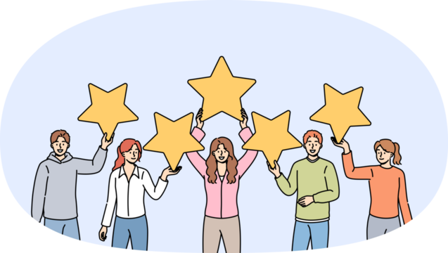 Five-star feedback from people who have used company services and given excellent rating on review site. Happy man and women show good rating for hotel or bar satisfying customers.