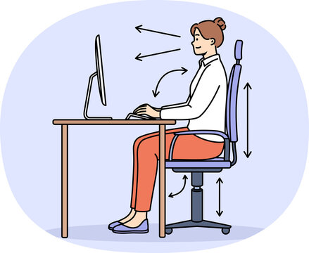 Woman demonstrates correct posture for working with computer, sitting with straight back at table with monitor. Girl follows rules of posture, typing on PC using ergonomic adjustable chair.