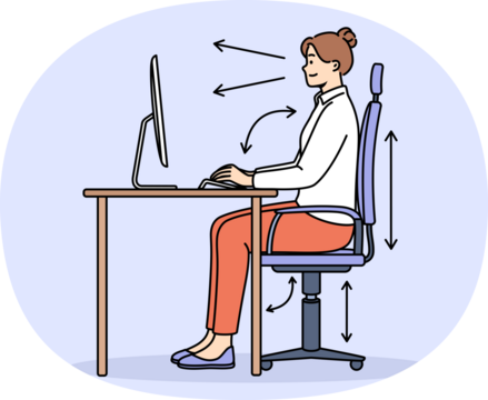 Woman demonstrates correct posture for working with computer, sitting with straight back at table with monitor. Girl follows rules of posture, typing on PC using ergonomic adjustable chair.