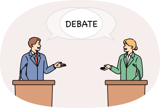 Debate between two politicians standing behind podium and arguing about way to solve state problems. Man and woman participate in debate, talking about political programs of their party.