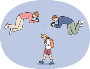 Overprotection of teen girl from annoying parents watching child through binoculars. Schoolgirl walks down street suffering from overprotection of mother and father, who are causing depression.