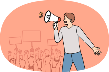 Man opposition leader leads anti-government protest and shouts political slogans into megaphone. Fists and hands with posters behind opposition guy opposing anti-democratic laws in country