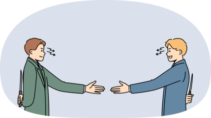 Business partners shake hands and show hypocrisy by holding knives behind backs and want to break agreements. Hypocrisy employees of large corporations making false promises or setting up colleagues