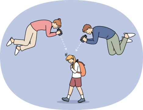 Overprotection of teen girl from annoying parents watching child through binoculars. Schoolgirl walks down street suffering from overprotection of mother and father, who are causing depression.