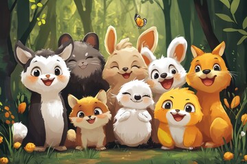 Naklejka premium Happy forest animals friends together in nature