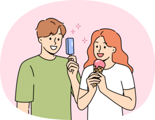 Man and woman eat ice cream to refresh themselves and satisfy hunger during summer walk. Delicious fruit ice cream on stick or in waffle cup in hands of happy teenagers walking around city