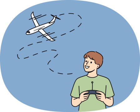 Little boy uses radio-controlled airplane and smiles, rejoicing at appearance of new toy. Happy boy with remote control for playing with aircraft, dreams of becoming pilot when grows up