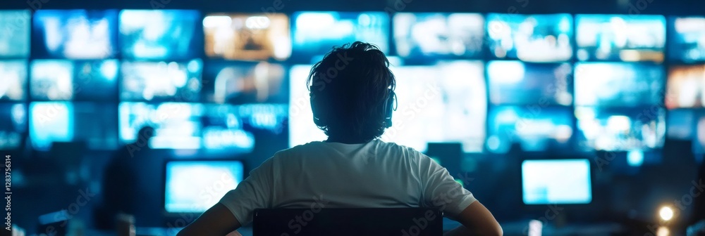 Aufkleber individual in a control room setting, surrounded by numerous screens, symbolizing multitasking and t