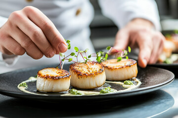 A chef meticulously plating a gourmet dish in a professional kitchen, focus and artistry