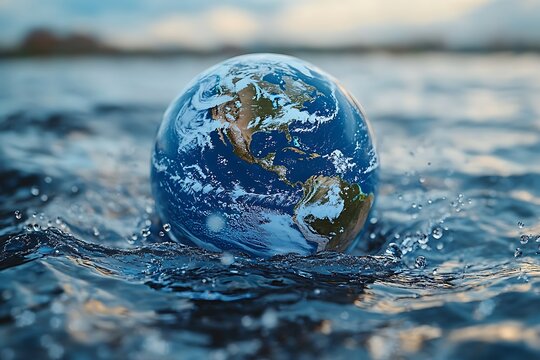 Planet Earth in the form of a globe in transparent water with splashes.