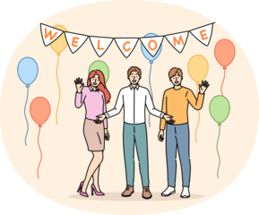 Welcome party from happy family welcoming friends into new apartment with balloons to celebrate move. Welcome party for employee who got job at company and became member of business team