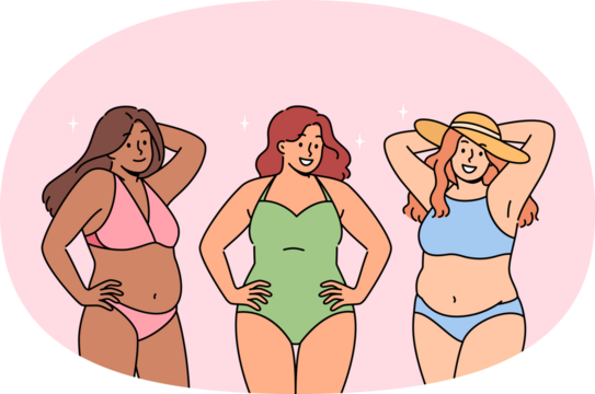 Body-positive women in swimsuits smile and call to abandon stereotypical opinions and body shaming. Attractive girls visiting sunny beach are preparing to sunbathe and swim in sea or ocean