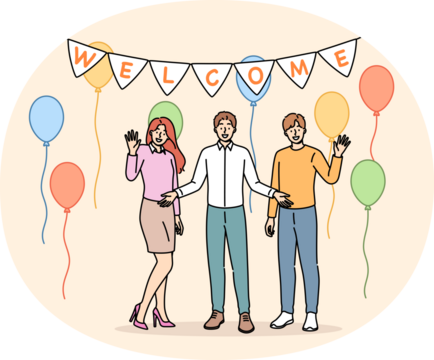 Welcome party from happy family welcoming friends into new apartment with balloons to celebrate move. Welcome party for employee who got job at company and became member of business team