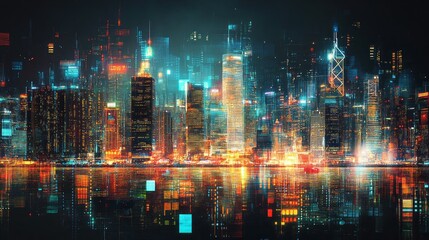 Obraz premium Vibrant cityscape illuminated at night reflected in calm water