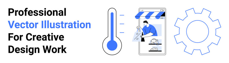 Thermometer with temperature changes, online store showcasing shopping options, and gear symbolizing innovation. Ideal for technology, e-commerce, engineering, branding, marketing, analytics flat