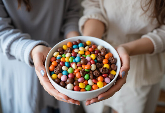 Close up of two women holding bowl with colorful chocolate candies. - Powered by Adobe