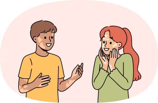 Children with vitiligo talk with smile and do not notice dermatological problems and skin pigmentation. Kids with vitiligo in good mood rejoice at presence of inclusivity or lack of discrimination