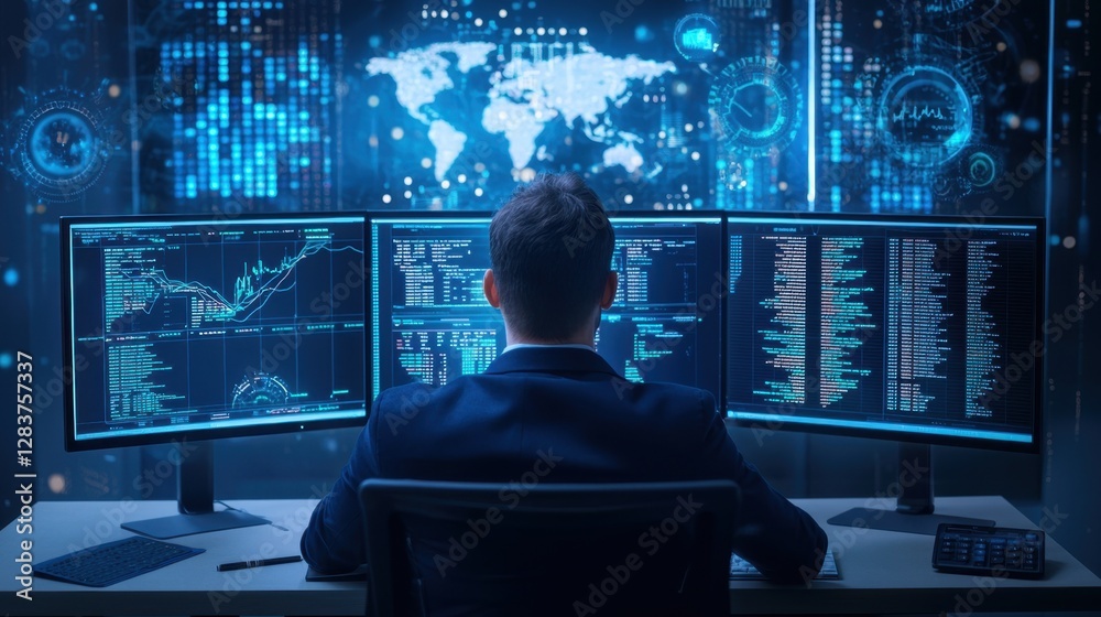 Poster professional business analyst works with multiple monitors analyzing data and charts in a modern off