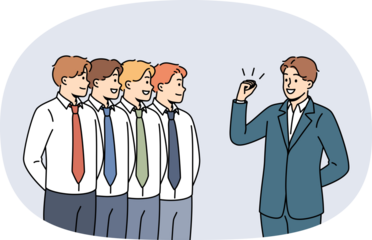 Business man leader gives motivational speech to team of office clerks standing in row. Manager with leadership qualities conducts motivational training for colleagues to increase productivity