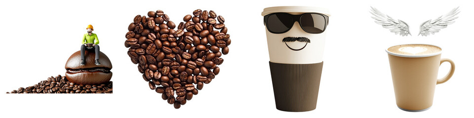 Fototapeta premium coffee lover and clipart concept. Coffee-themed collage featuring creative representations and elements related to coffee. on Transparent background.