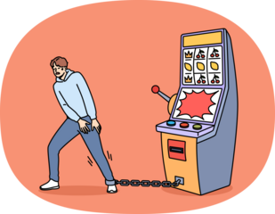 Gambling addiction of man tied with chain to slot machine made guy hostage to casino. Unhappy young human suffers from digital addiction and cannot free himself from passions to excitement