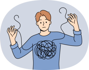 Man confused in himself and in feelings, shows lump of threads in chest and needs help of psychotherapist. Guy confused and cannot independently deal with mental health, suffered due to depression.