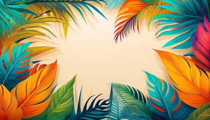 Tropical vibes banner. A tropical design with palm leaves and bright colors, leaving an area in the middle for a personalized message