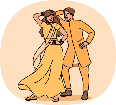 Indian couple performs ritual mating dance, moving rhythmically to oriental music. Newlyweds in indian national clothes dance while performing in front of audience at ethnic festival